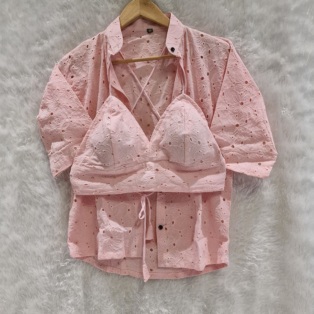 Baby Pink Mull Cotton Hakoba Shirt and Cotton Bra Combo