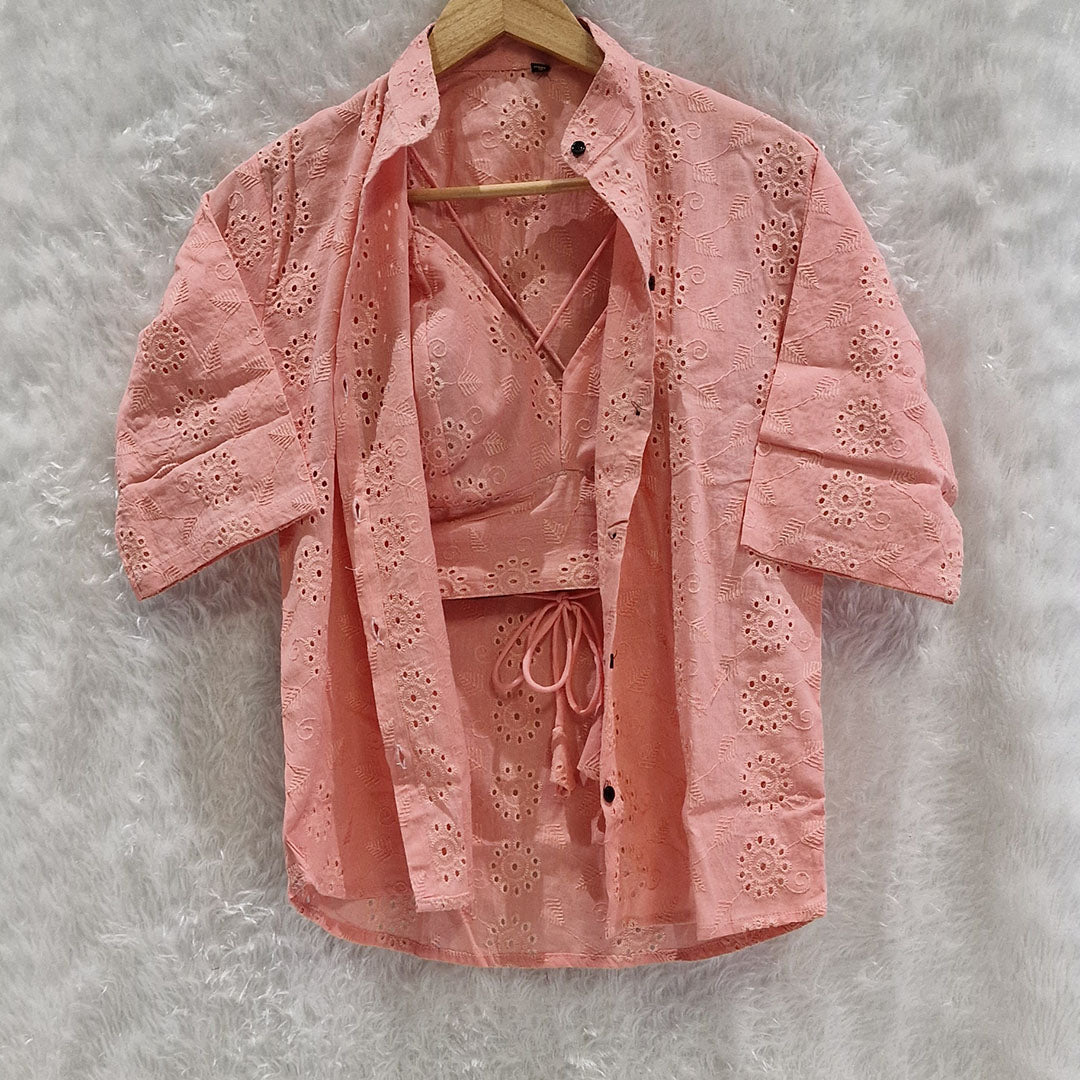 Peach Gajri Mull Cotton Hakoba Shirt and Cotton Bra Combo