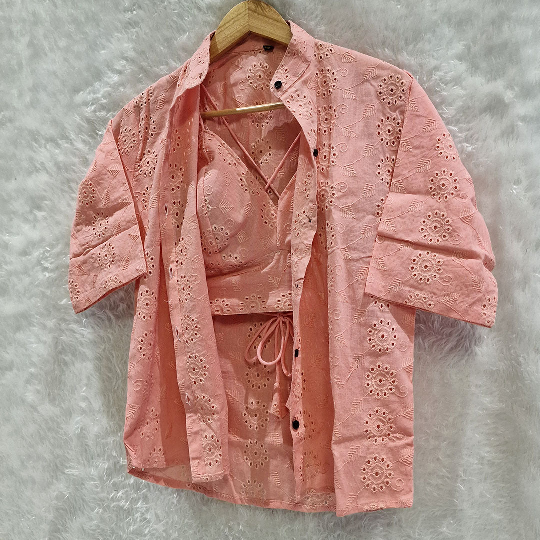 Peach Gajri Mull Cotton Hakoba Shirt and Cotton Bra Combo