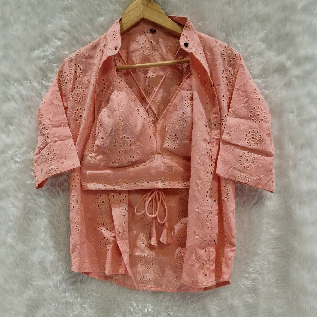 Peach Gajri Mull Cotton Hakoba Shirt and Cotton Bra Combo