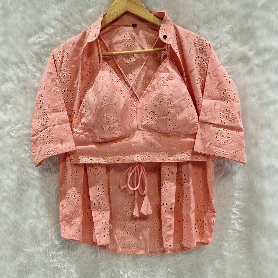 Peach Gajri Mull Cotton Hakoba Shirt and Cotton Bra Combo