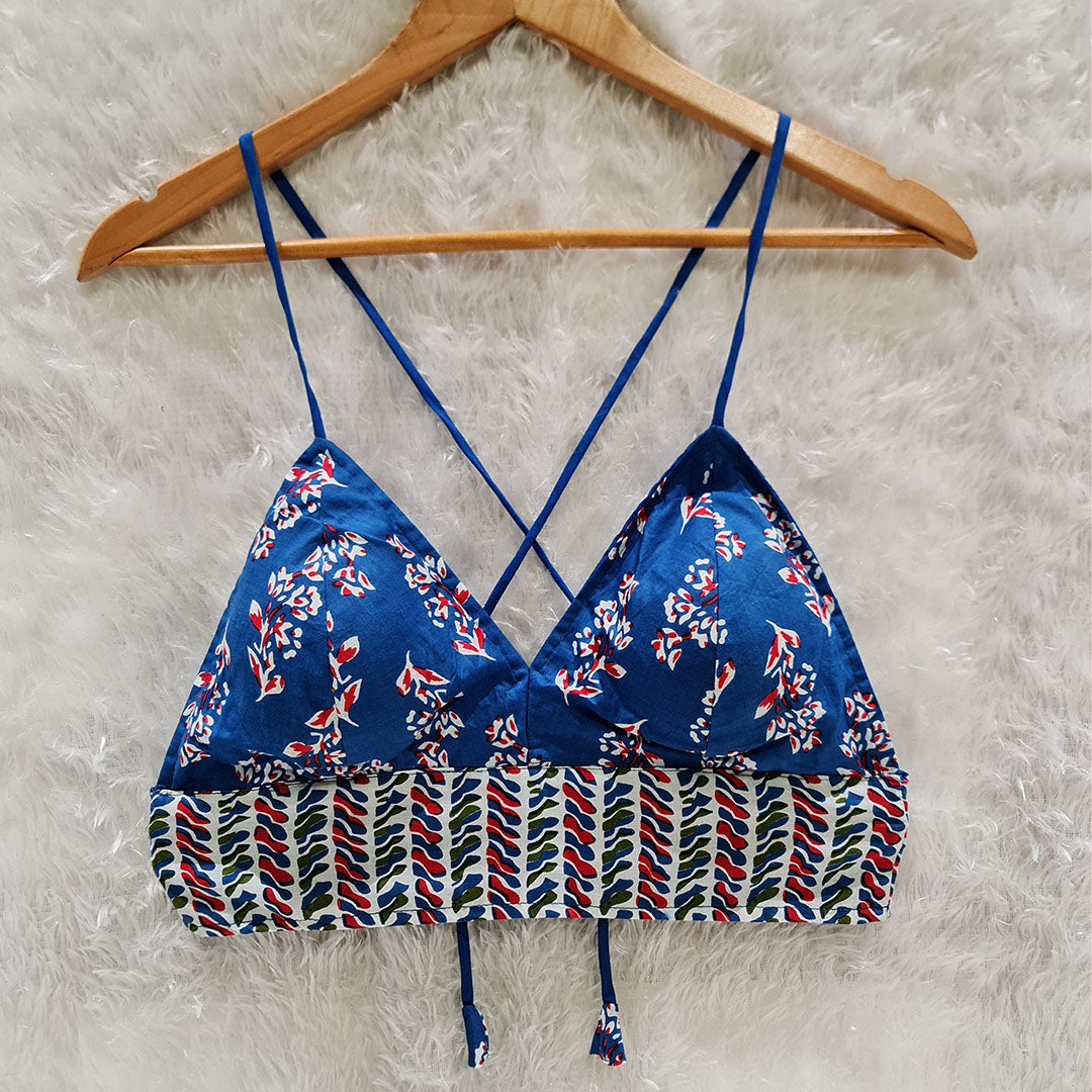 Blue Floral Printed Cotton Bralette Top