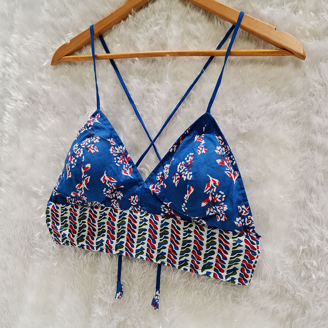 Blue Floral Printed Cotton Bralette Top