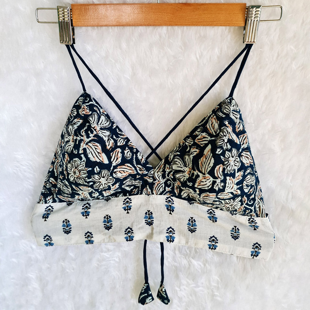 Navy Blue Printed Cotton Bralette Top