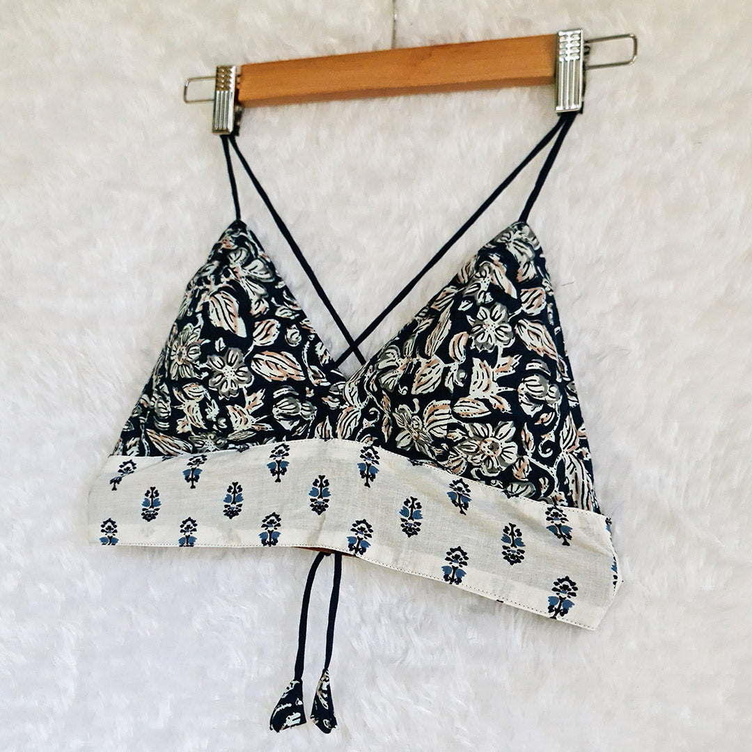 Navy Blue Printed Cotton Bralette Top