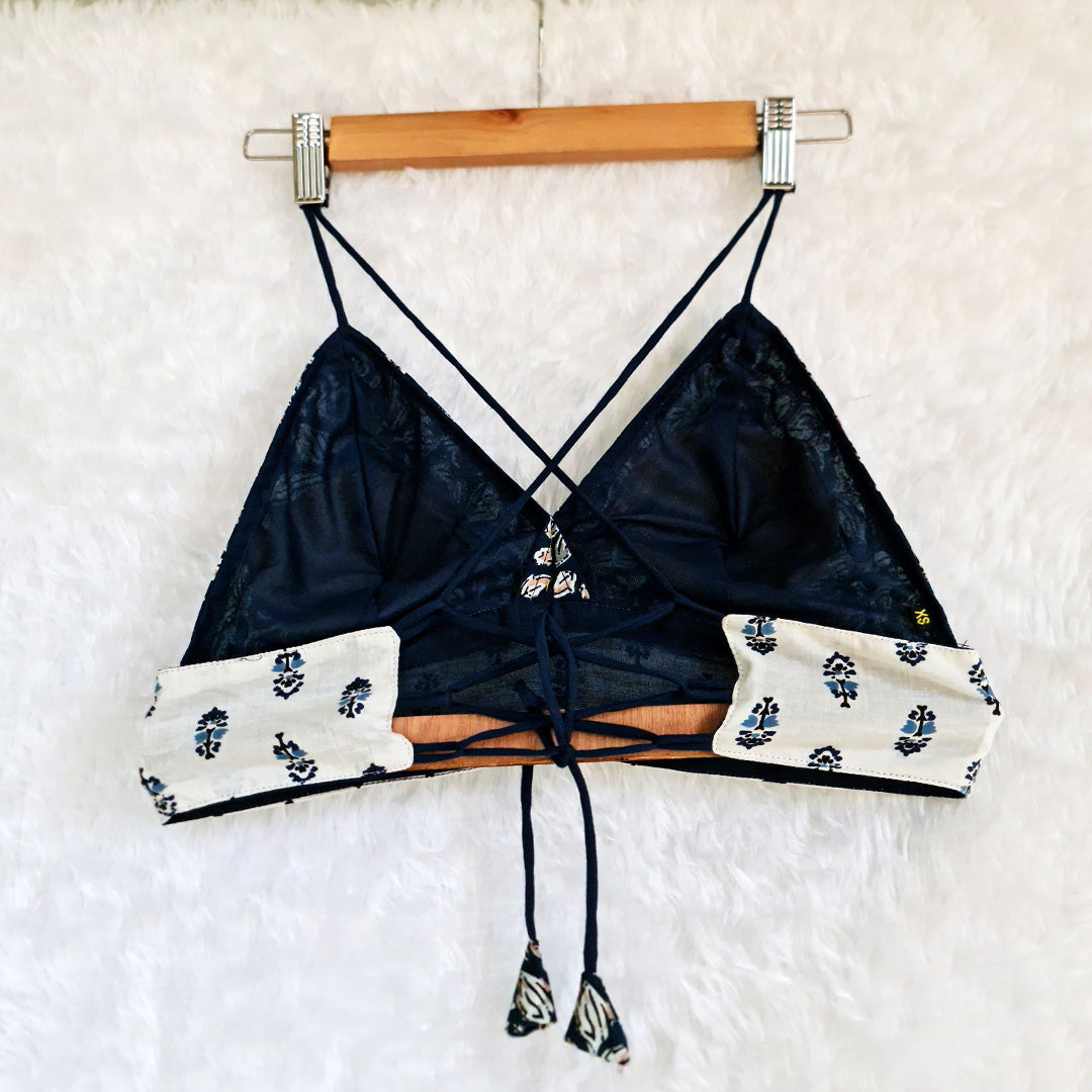 Navy Blue Printed Cotton Bralette Top