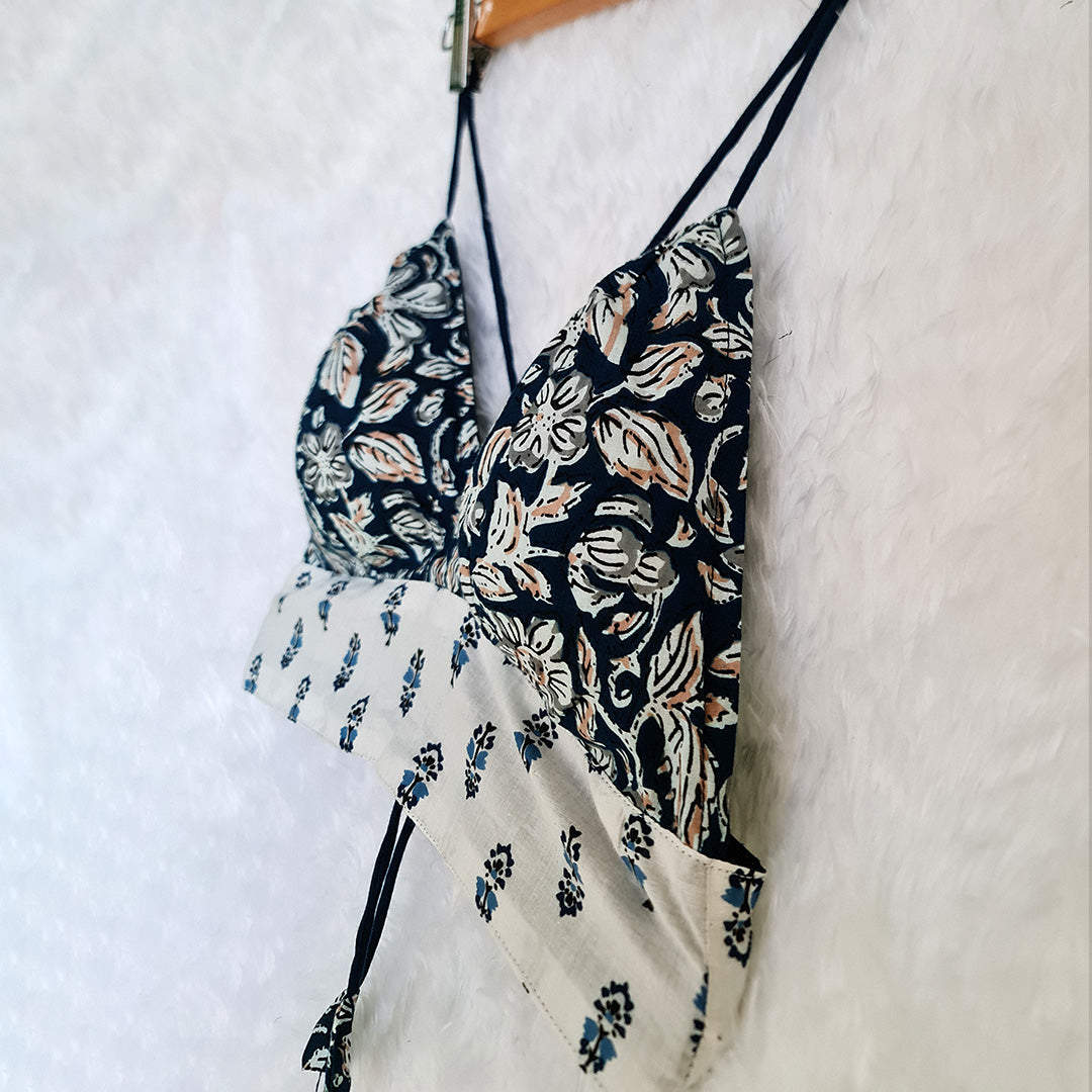 Navy Blue Printed Cotton Bralette Top