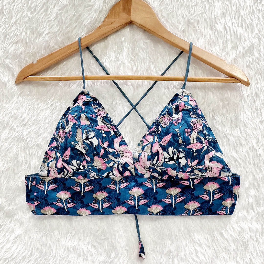 Teal Blue Floral Pure Cotton Bralette Top