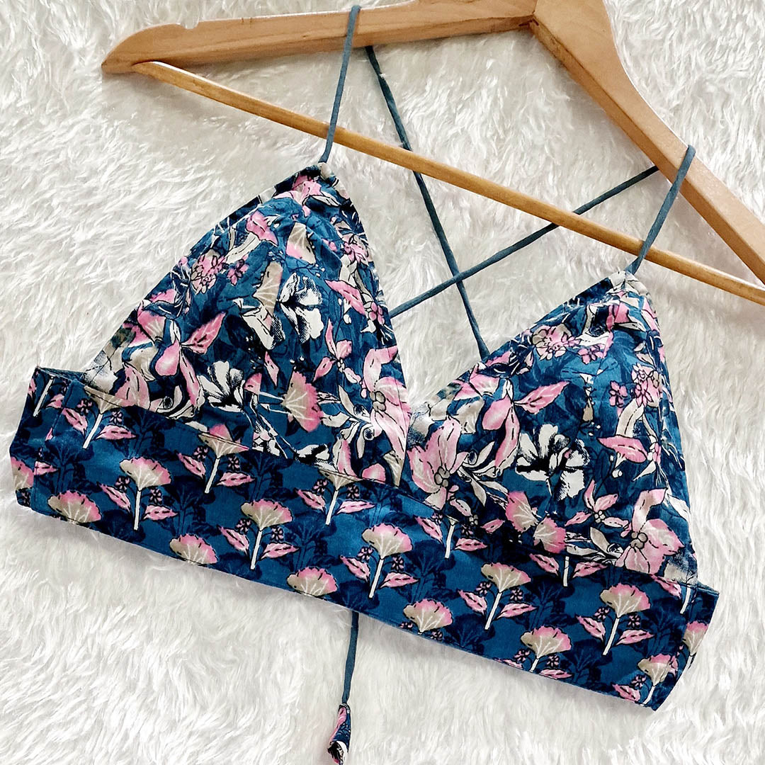 Teal Blue Floral Pure Cotton Bralette Top