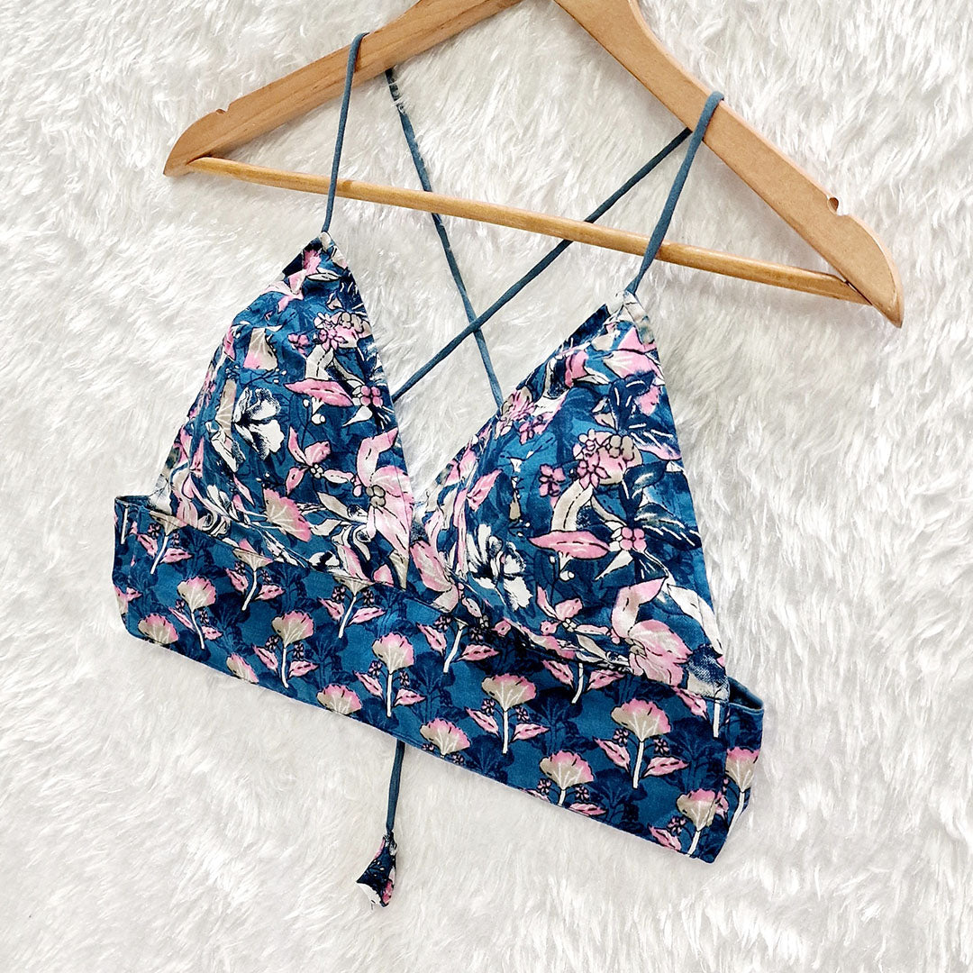 Teal Blue Floral Pure Cotton Bralette Top