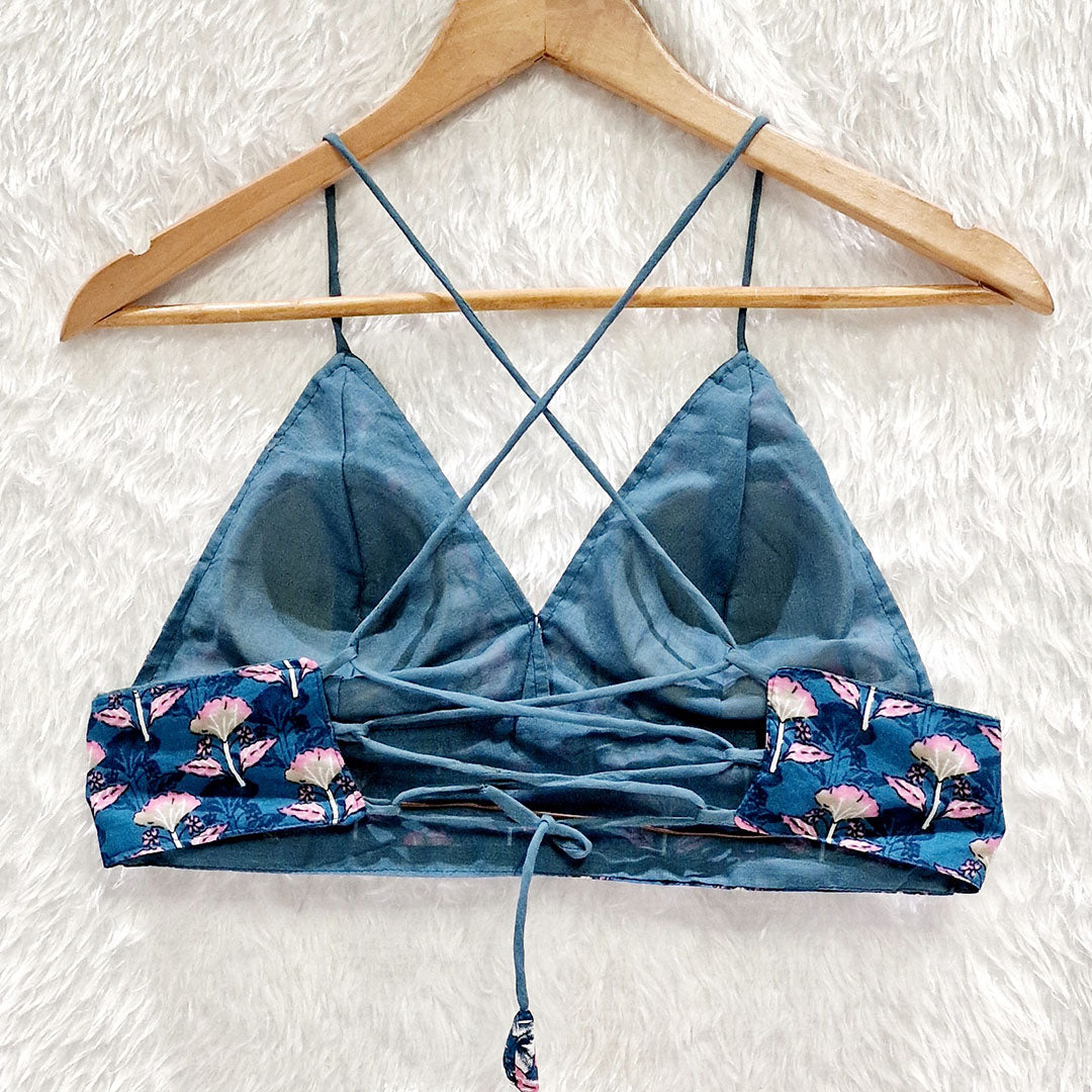 Teal Blue Floral Pure Cotton Bralette Top