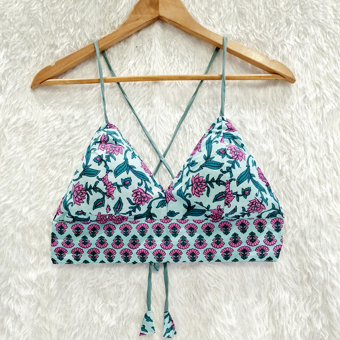 Aqua BlueFloral Pure Cotton Bralette Top