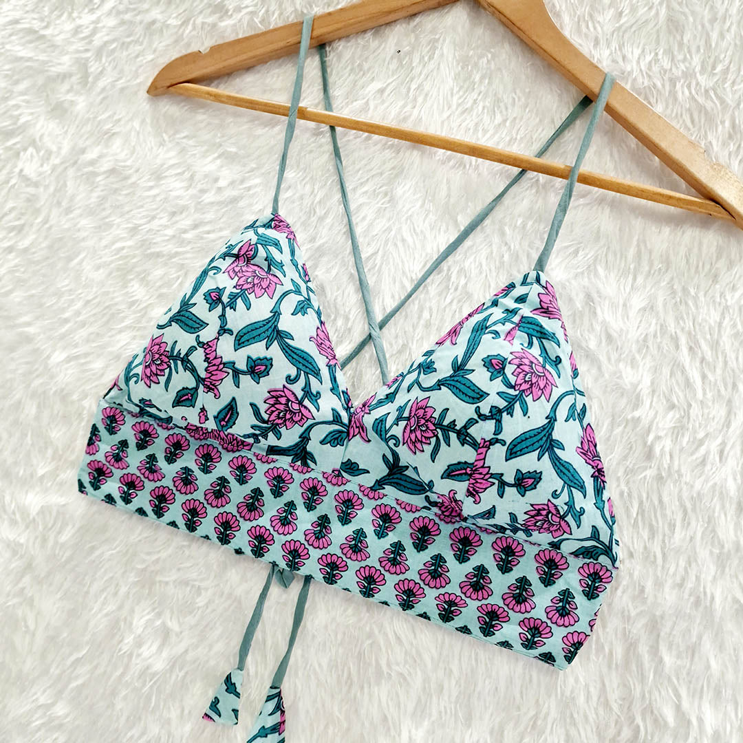 Aqua BlueFloral Pure Cotton Bralette Top