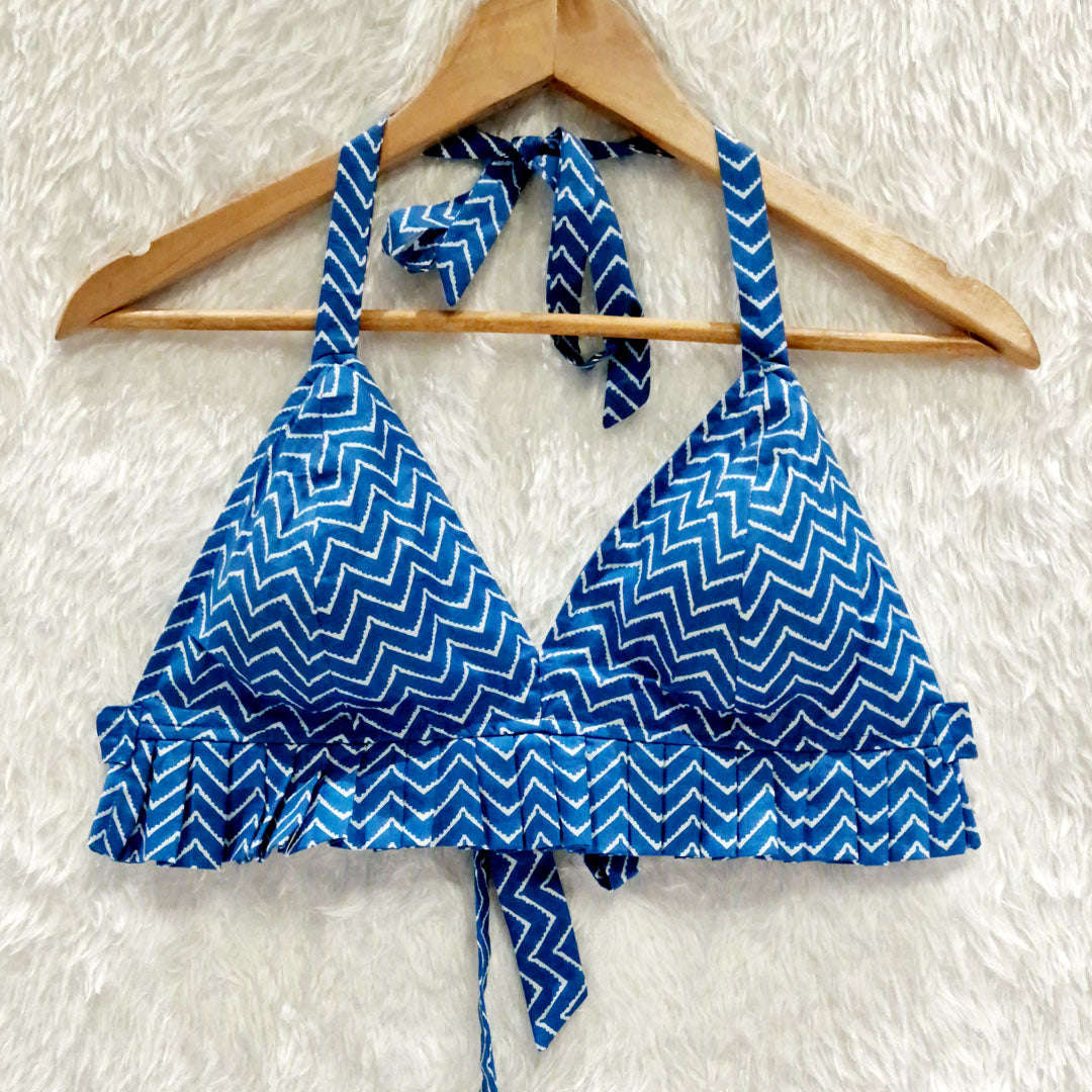 Blue Pleated Pure Cotton Bralette Top