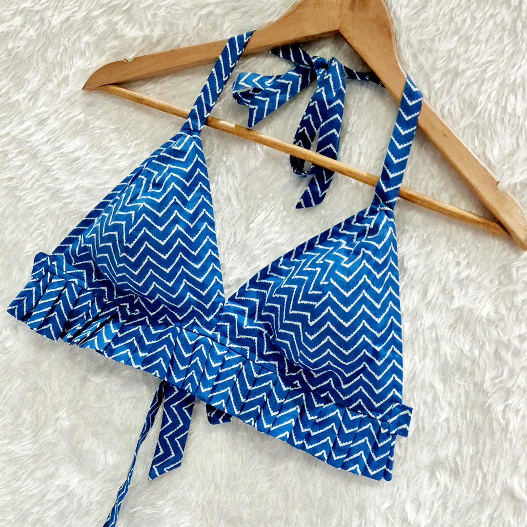 Blue Pleated Pure Cotton Bralette Top