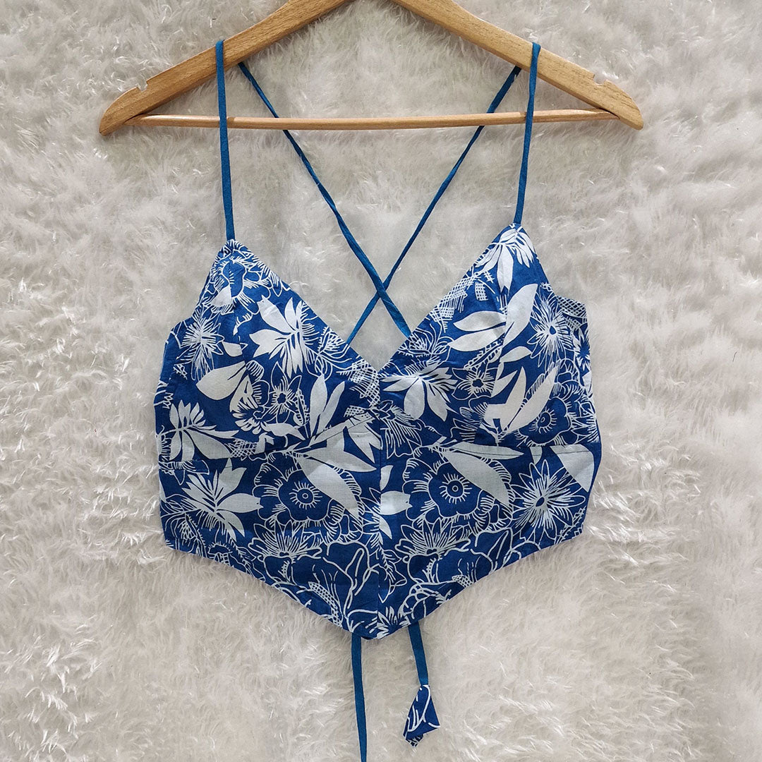 Blue Printed Cotton V-Shape Bralette Top