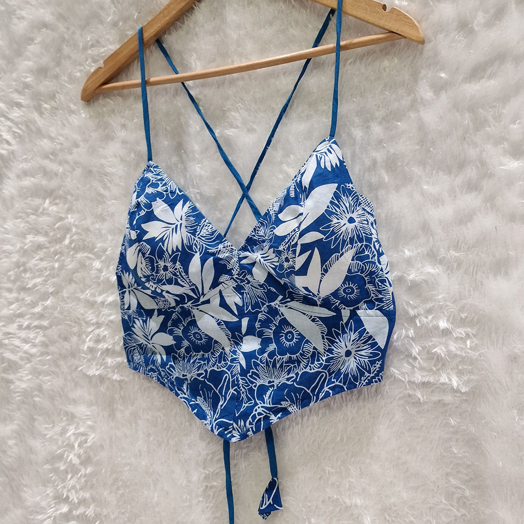 Blue Printed Cotton V-Shape Bralette Top