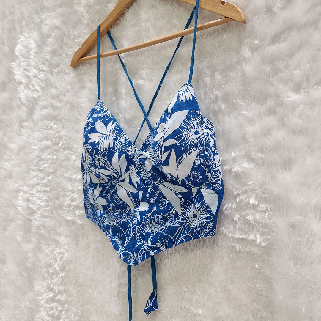 Blue Printed Cotton V-Shape Bralette Top