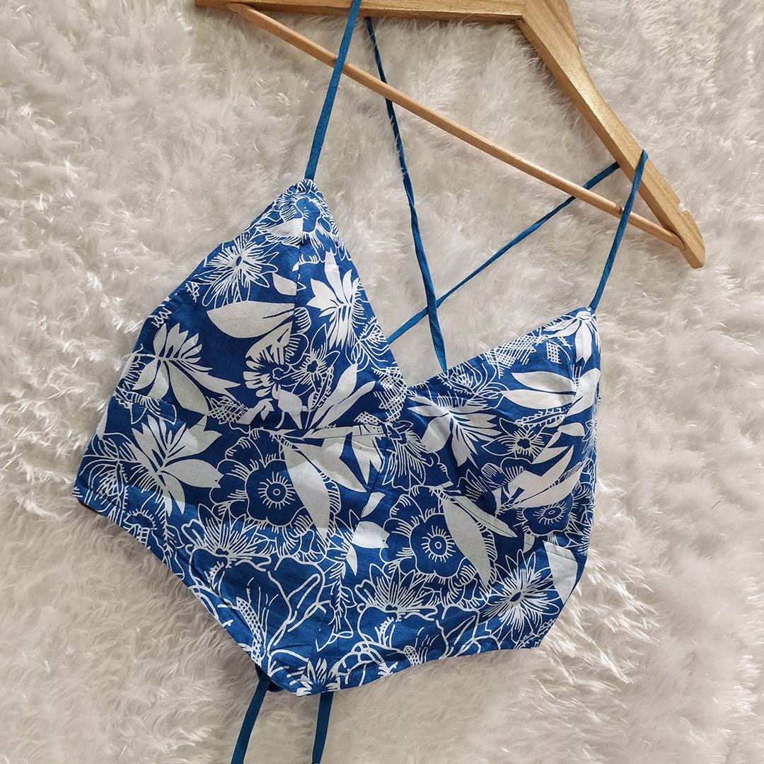 Blue Printed Cotton V-Shape Bralette Top