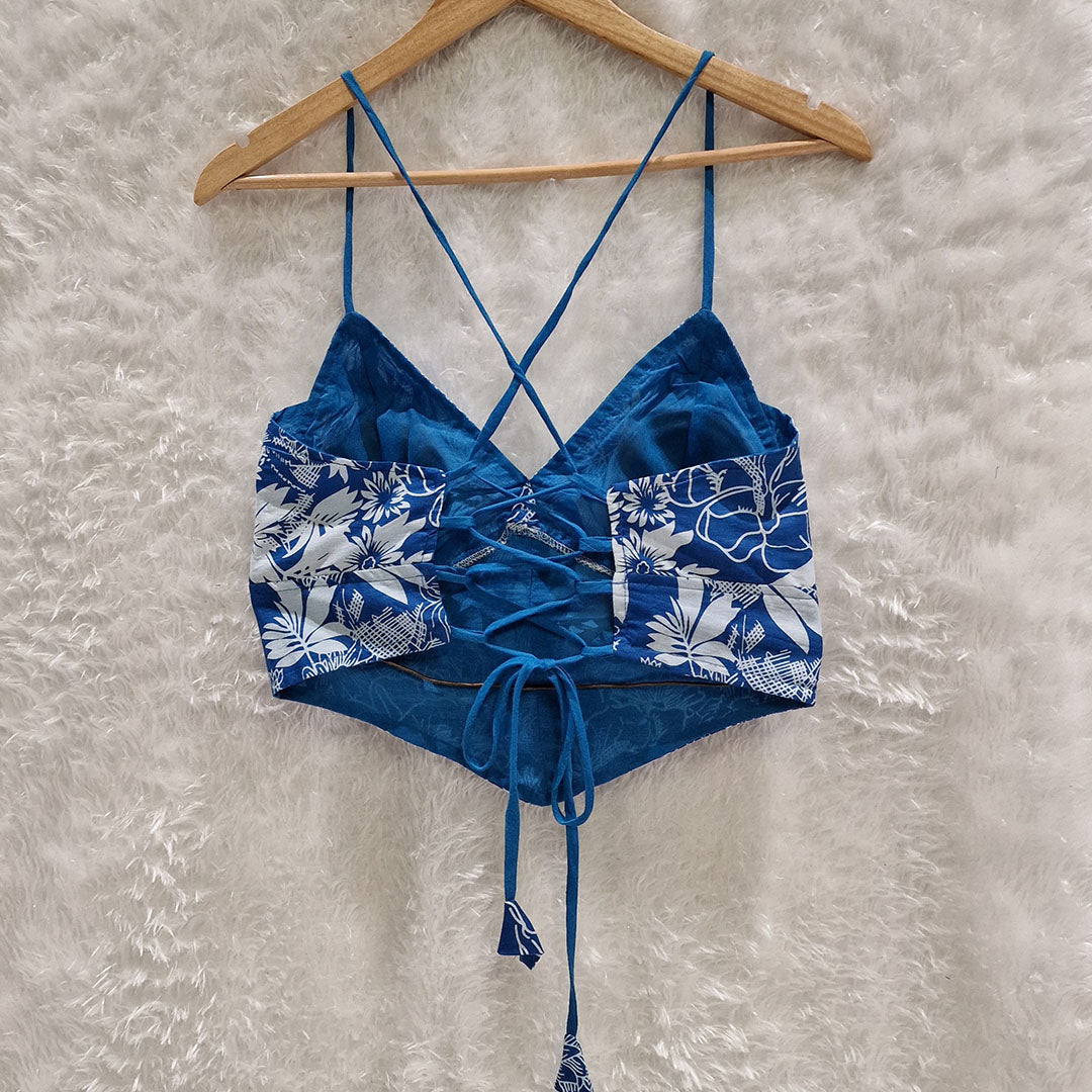 Blue Printed Cotton V-Shape Bralette Top