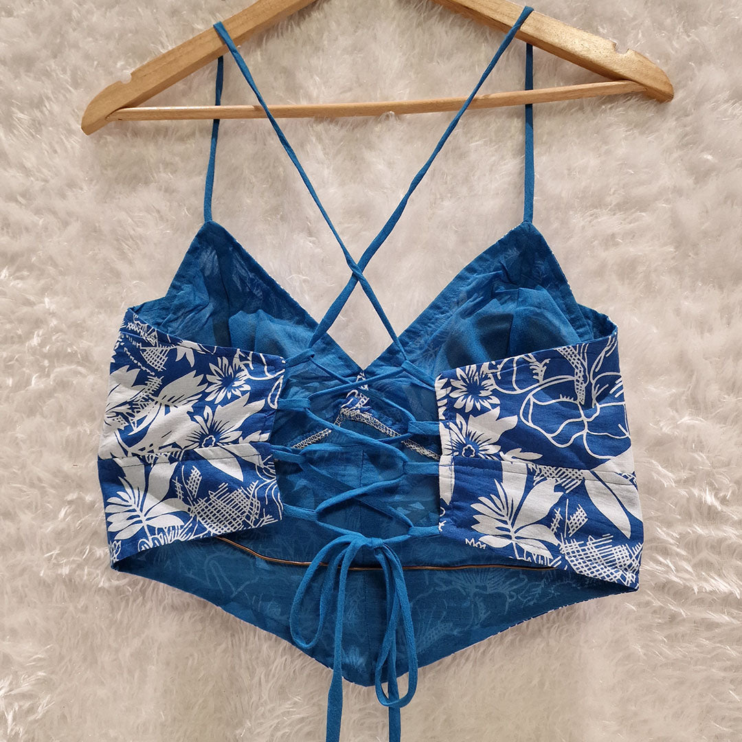 Blue Printed Cotton V-Shape Bralette Top