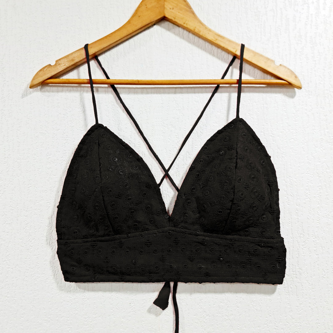 Black Cotton Chikan Removable Padded Bra