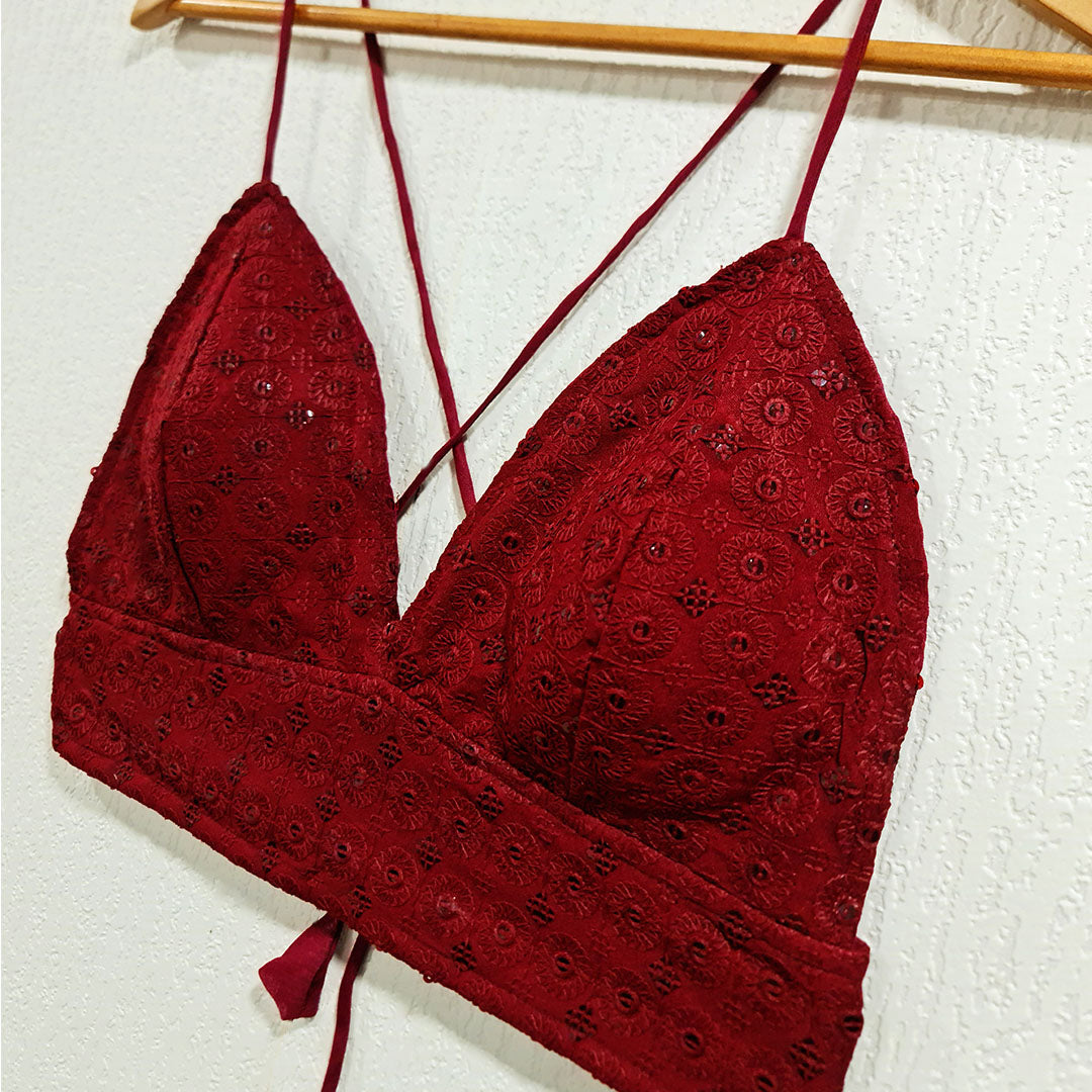 Maroon Cotton Chikan Removable Padded Bra