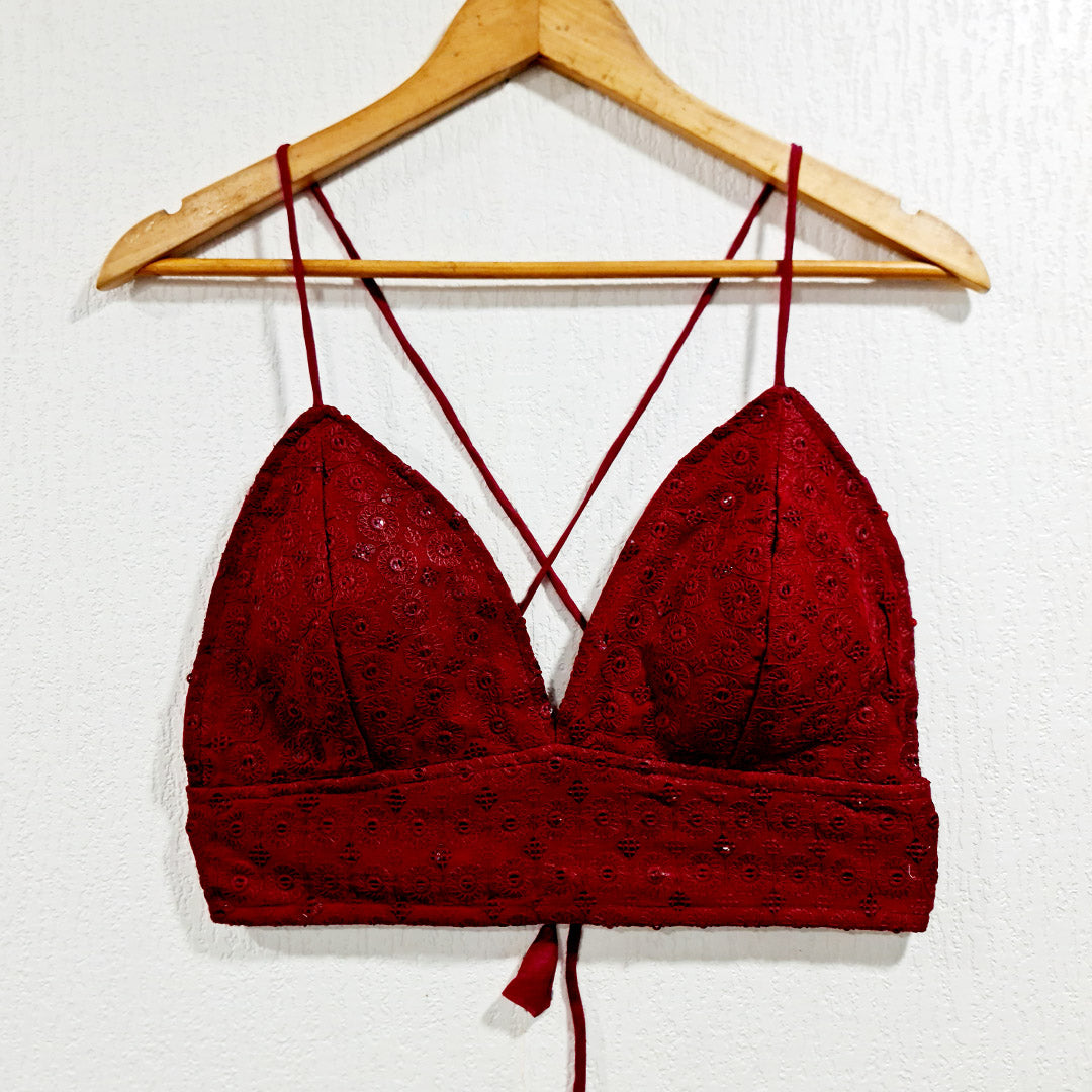 Maroon Cotton Chikan Removable Padded Bra