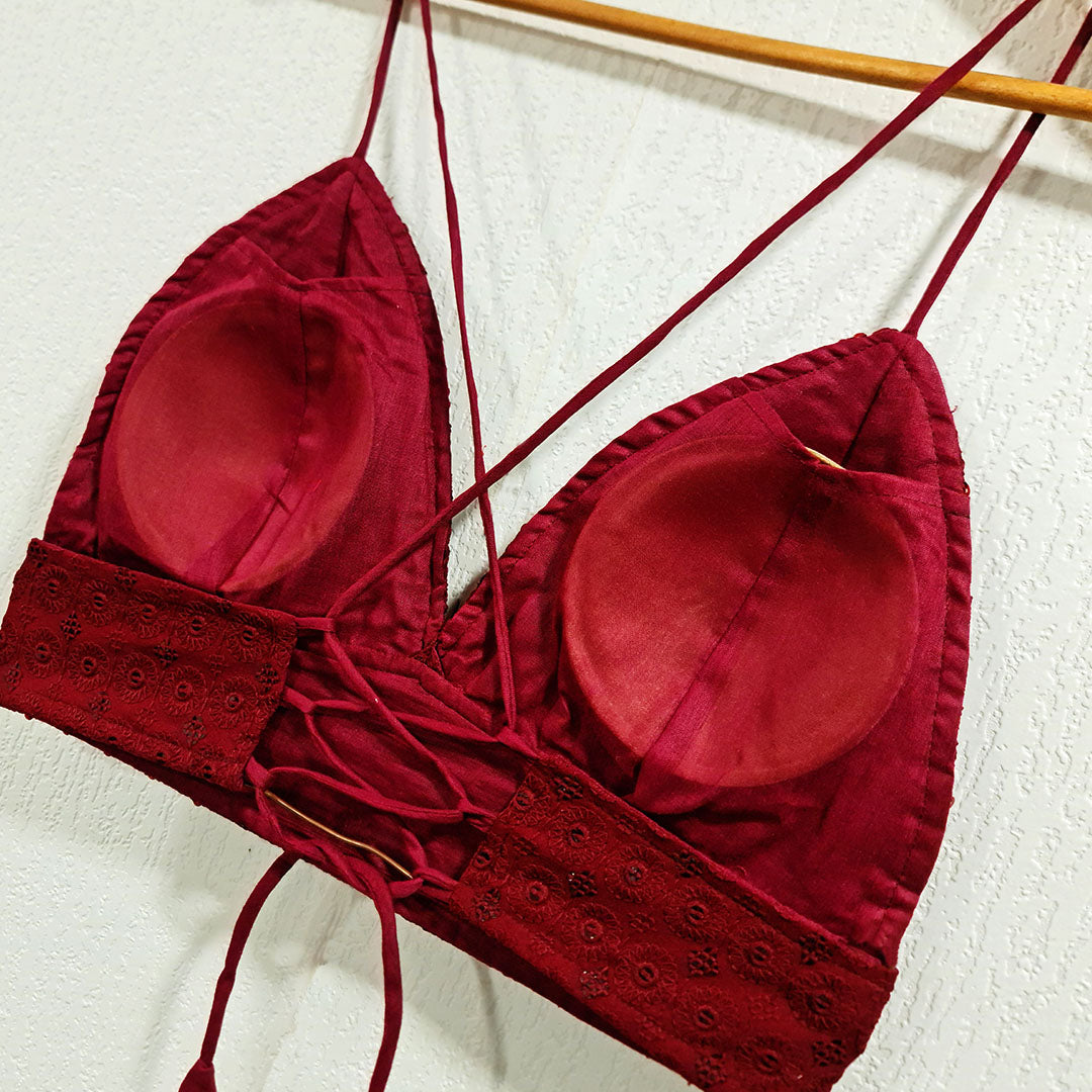 Maroon Cotton Chikan Removable Padded Bra