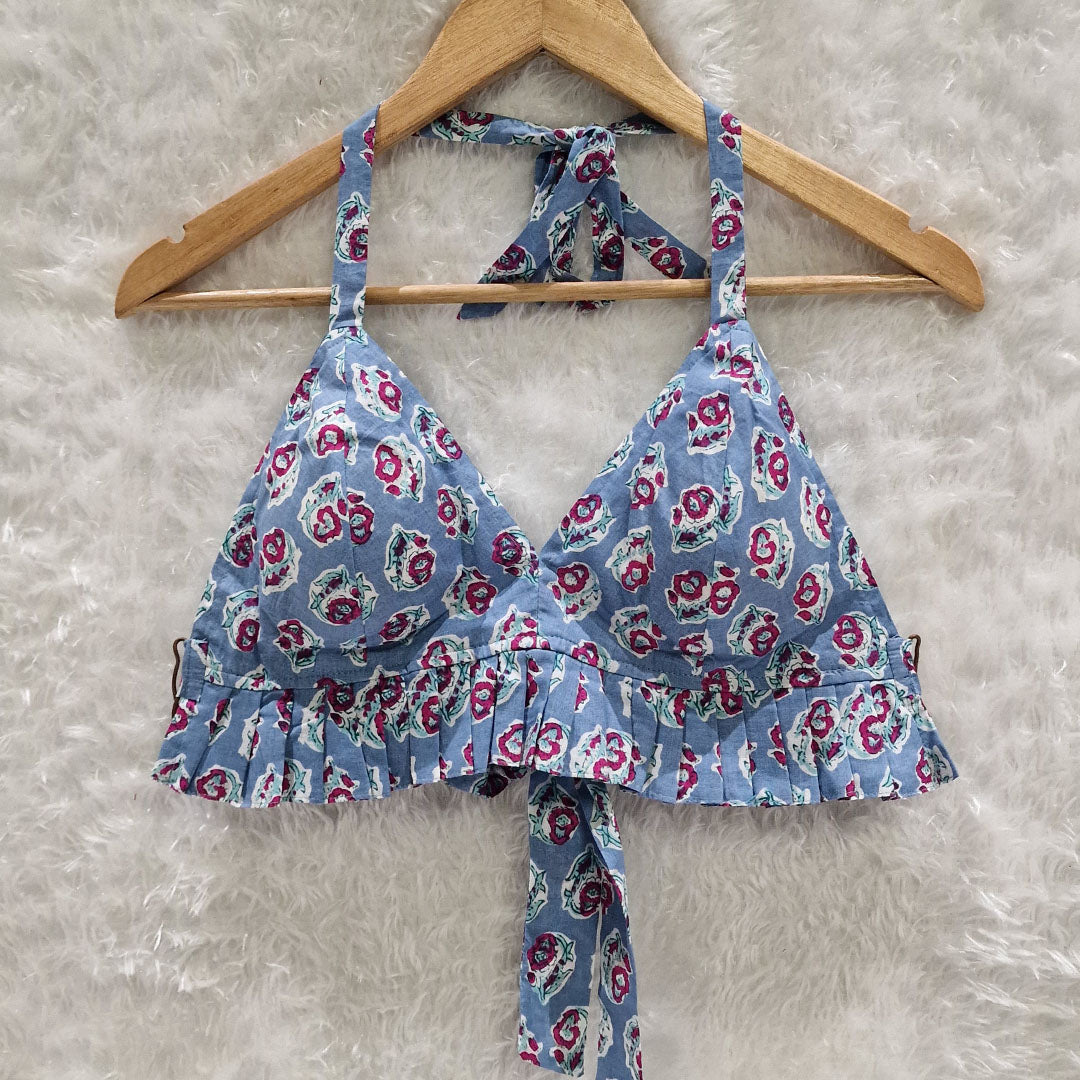 Light Blue Floral Printed Cotton Pleated Bralette Top