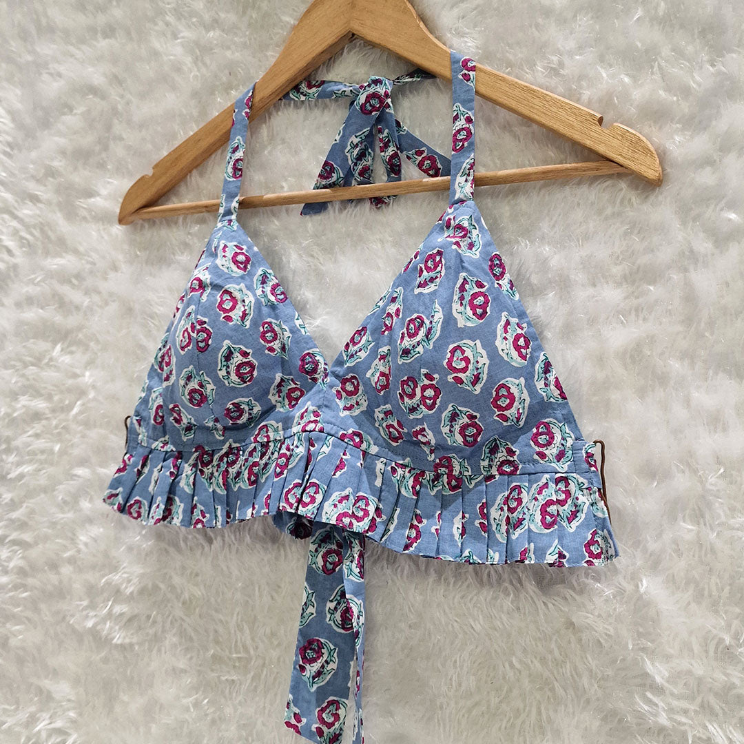 Light Blue Floral Printed Cotton Pleated Bralette Top