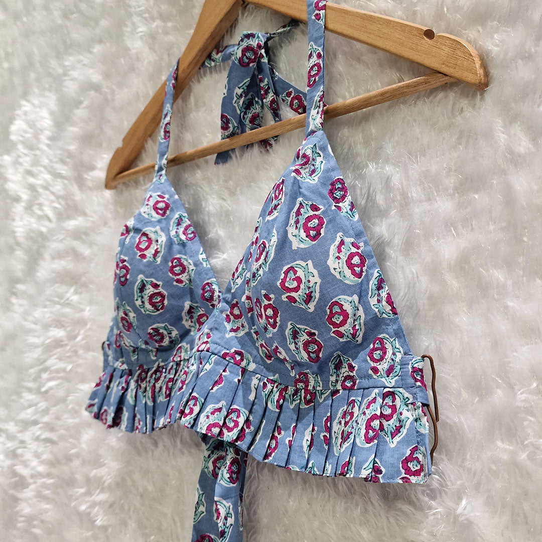 Light Blue Floral Printed Cotton Pleated Bralette Top