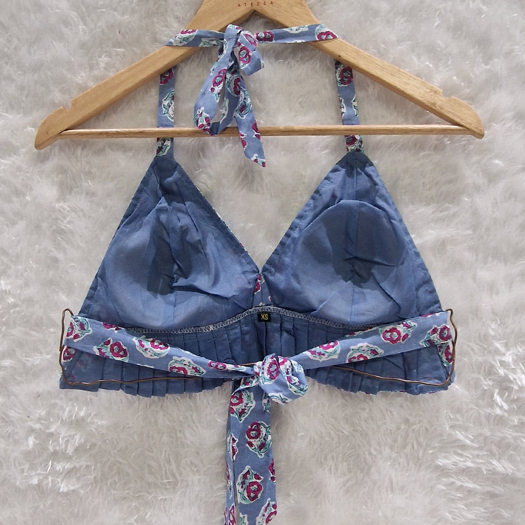 Light Blue Floral Printed Cotton Pleated Bralette Top