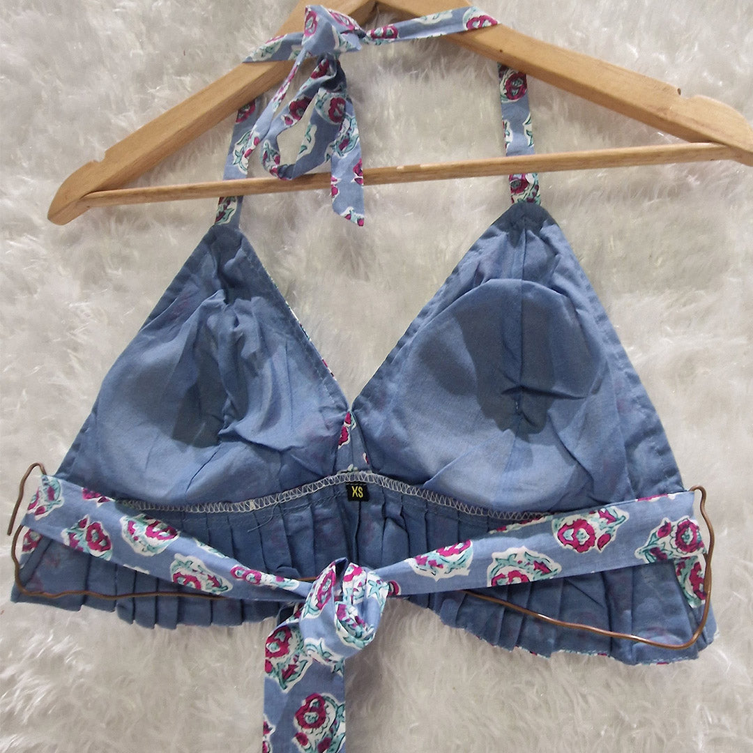 Light Blue Floral Printed Cotton Pleated Bralette Top