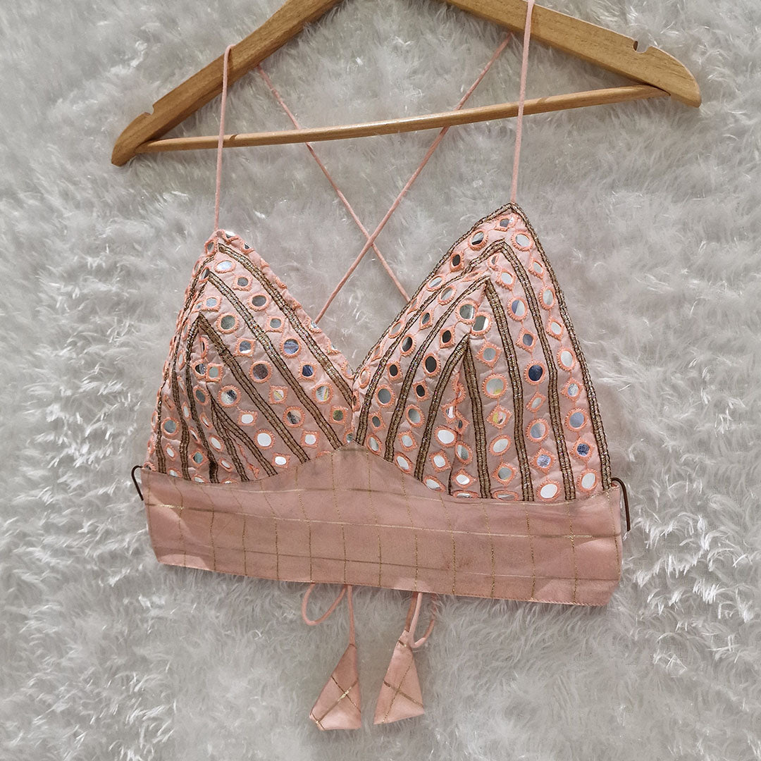 Peach Embrodiered Foil Mirror Work Padded Bralette Top