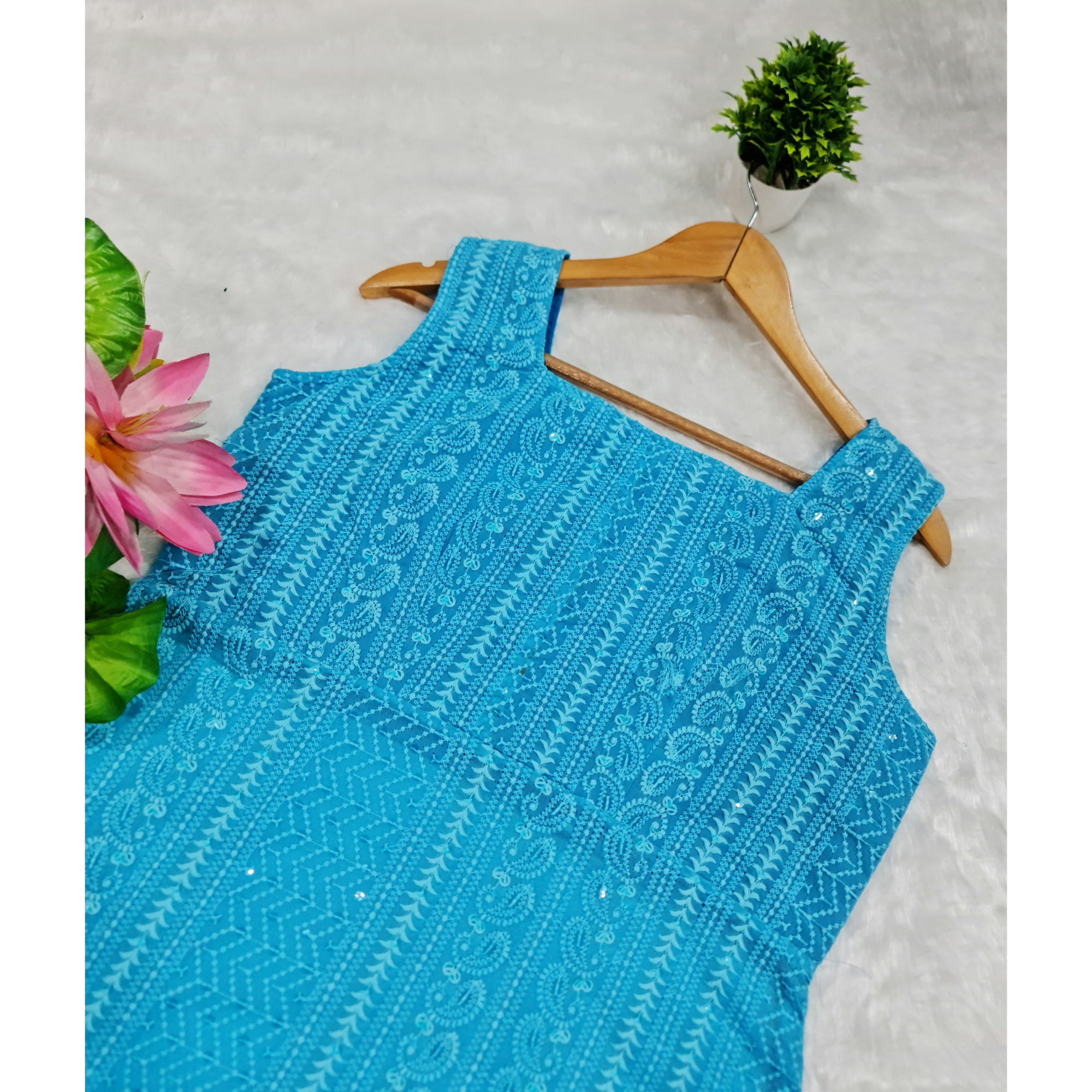 Turquoise Side Tassel Long Chikankari Kurti