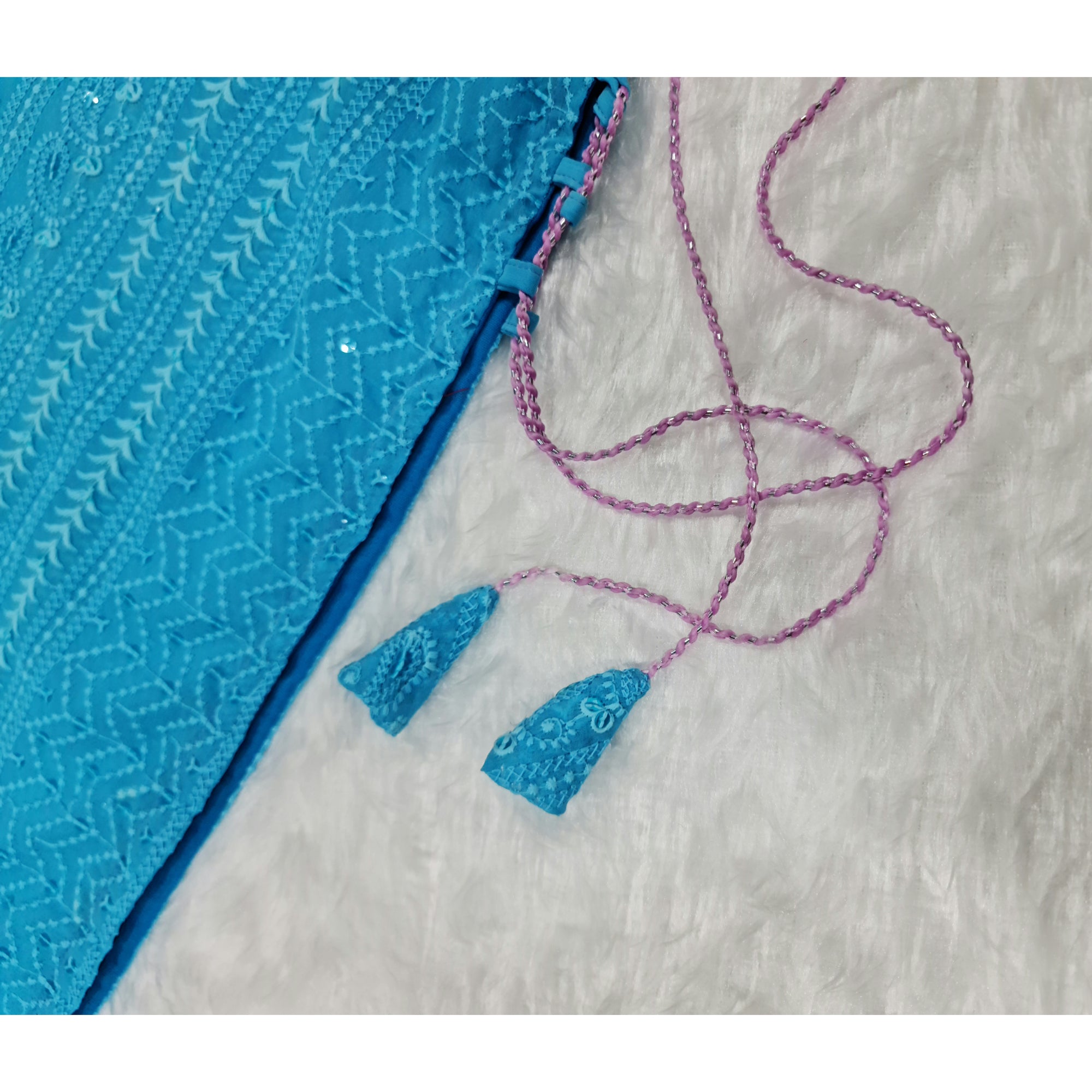 Turquoise Side Tassel Long Chikankari Kurti