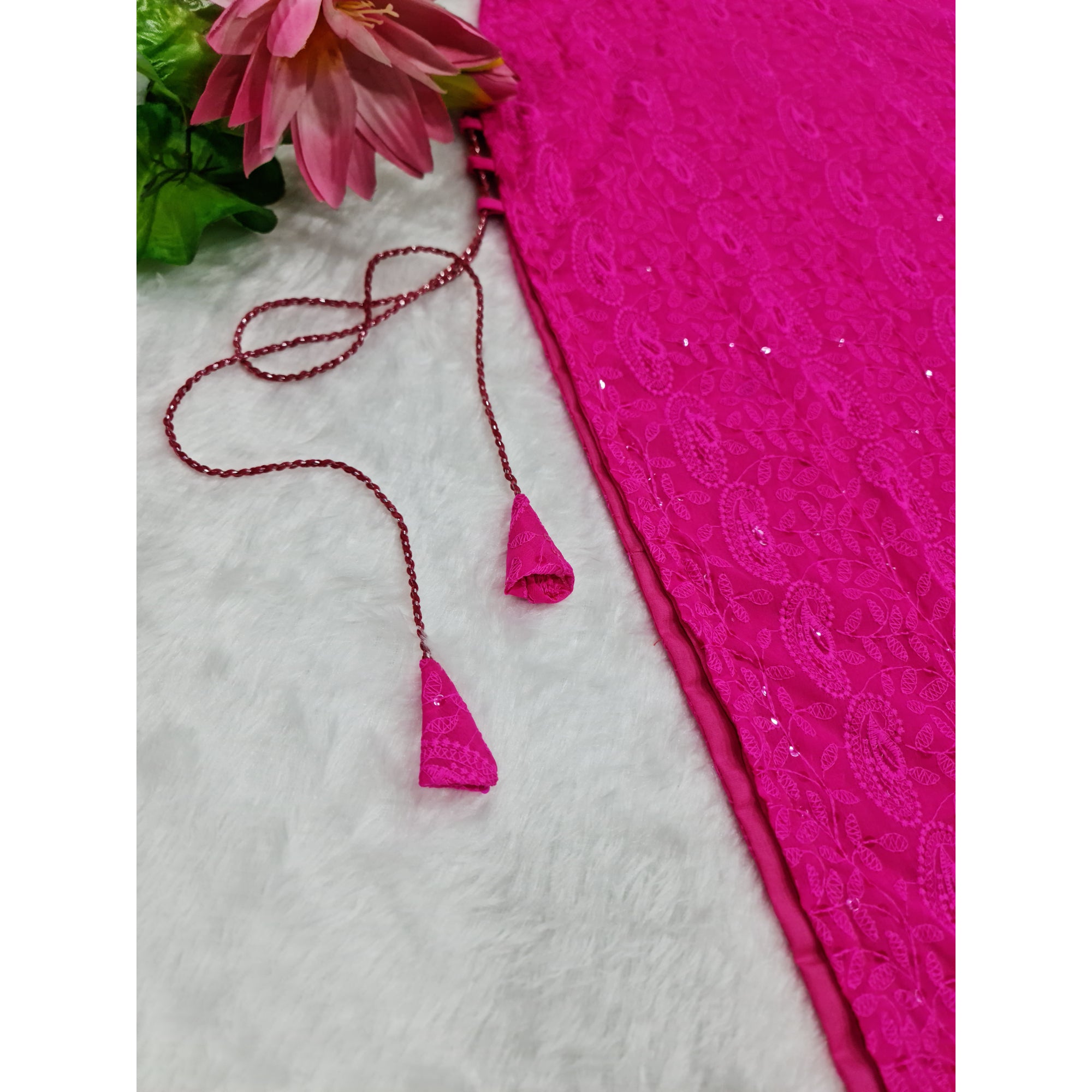 Magenta Side Tassel Long Chikankari Kurti