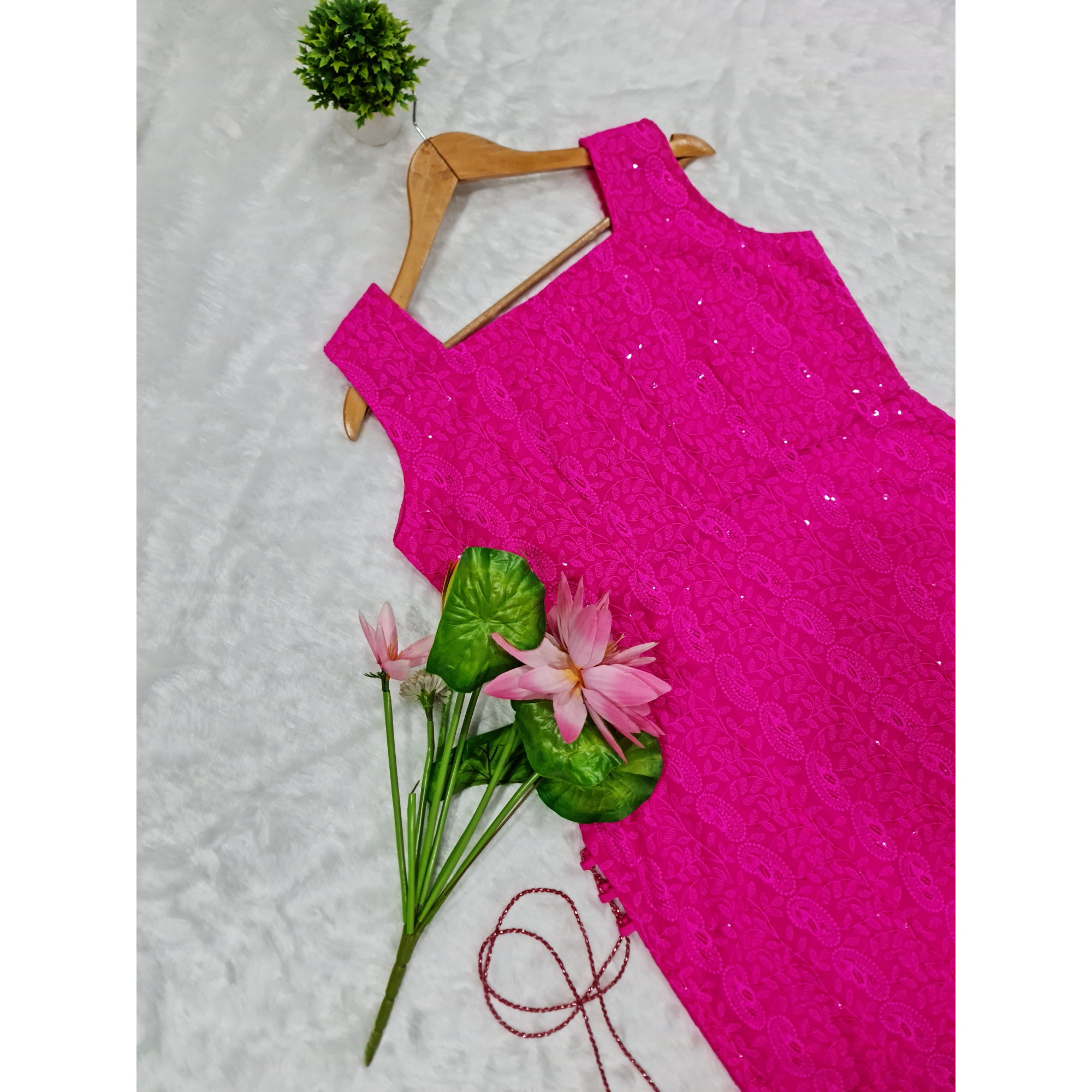 Magenta Side Tassel Long Chikankari Kurti