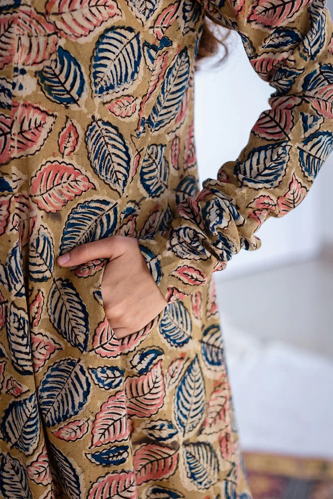 Yellow Kalamkari Cotton Kurta With Pockets