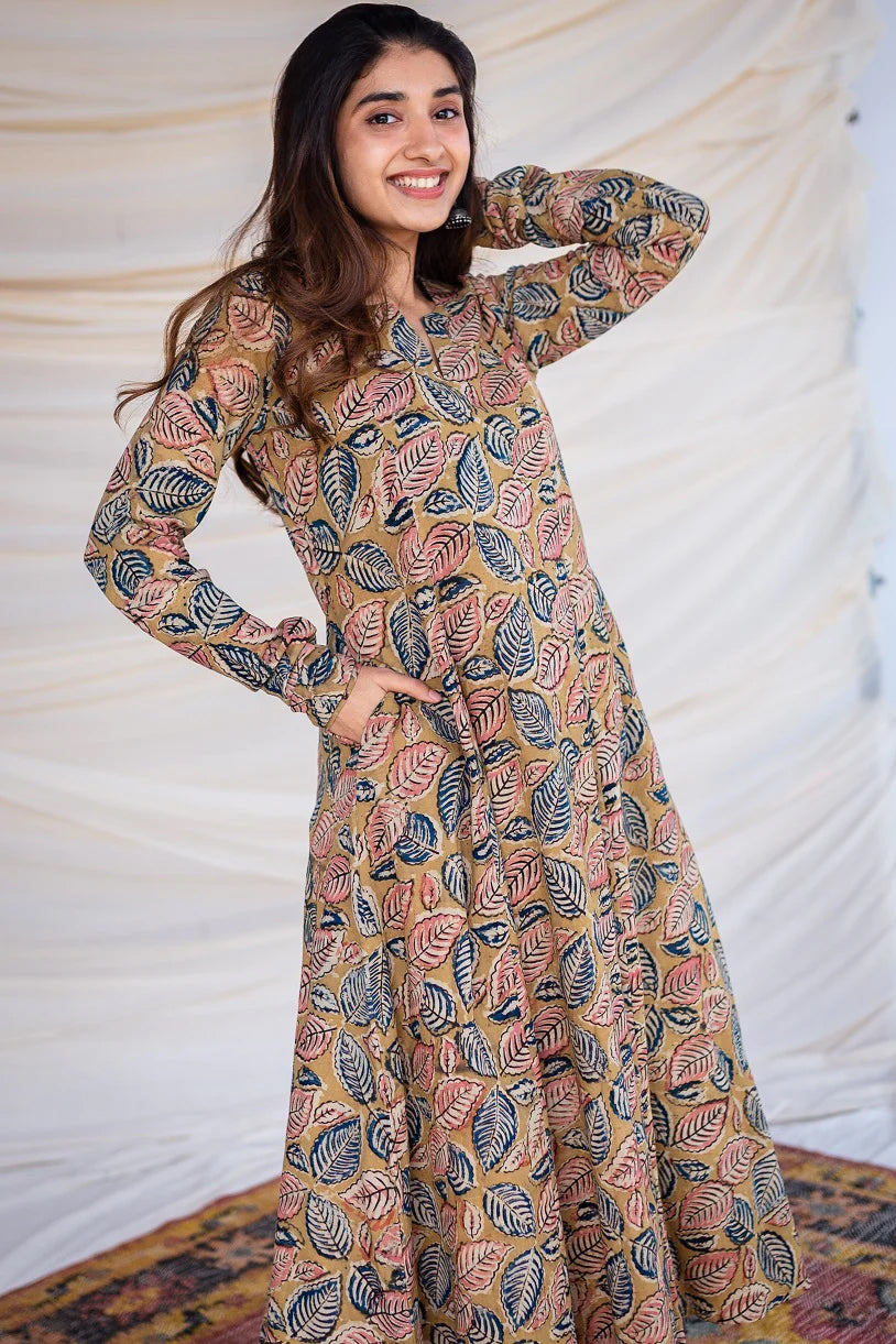 Yellow Kalamkari Cotton Kurta With Pockets