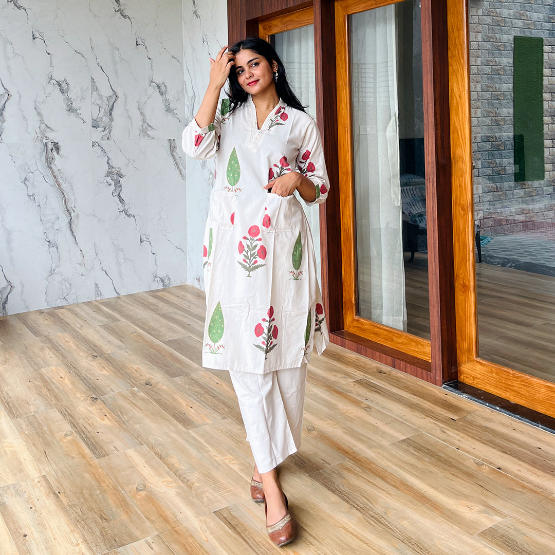 Linen Straight Floral Printed Kurta And Plazzo Set