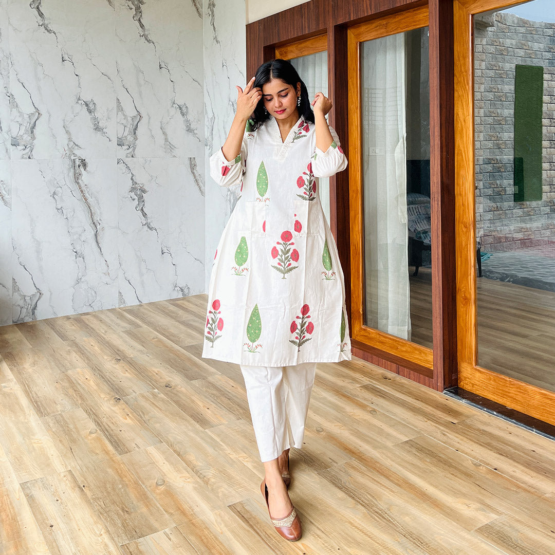 Linen Straight Floral Printed Kurta And Plazzo Set