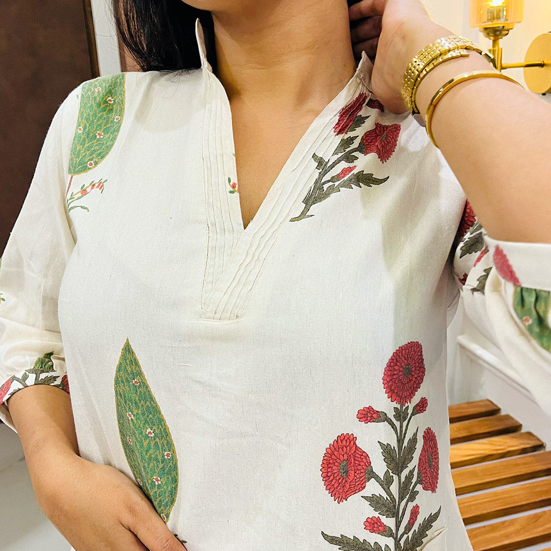 Linen Straight Floral Printed Kurta And Plazzo Set